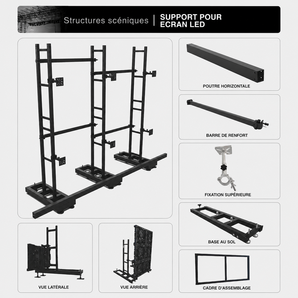 Support d'écran LED au sol professionnel modulaire | Structure pour écrans LED 500x500 et 500x1000 - MAF